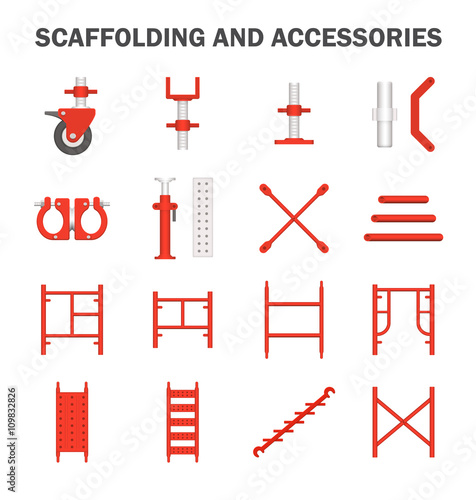Scaffolding icon also called scaffold or staging. Temporary structure to support work in construction, maintenance and repair of building. Consist of wheel or caster, platform, ladder and frame etc.