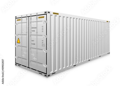 Cargo container vector isolated on white background. Metal box or equipment for storage at dock, port, warehouse. Freight transport by ship, crane, trailer truck for shipping, import export business.