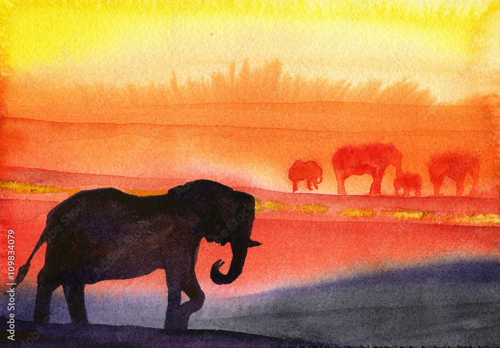 Fototapeta premium Watercolor African elephants