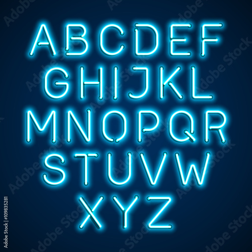 Blue neon light glowing alphabet