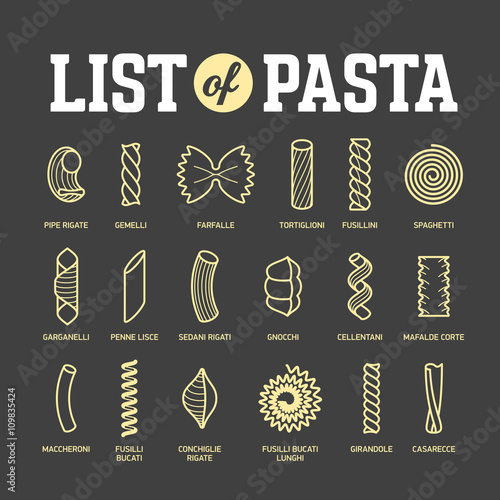 List of Pasta. Different types, shapes and names. Set of pasta icons vector illustration, part 1.