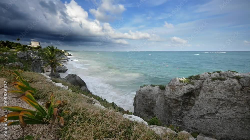 Time lapse of Ancient Tulum Mayan ruins in the Caribbean sea Time lapse of Ancient Tulum Mayan ruins in the Caribbean sea