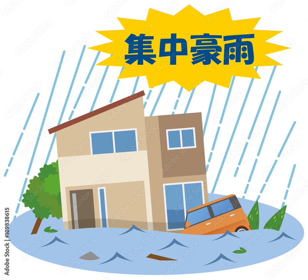 集中豪雨 洪水 水害 住宅 Stock イラスト Adobe Stock