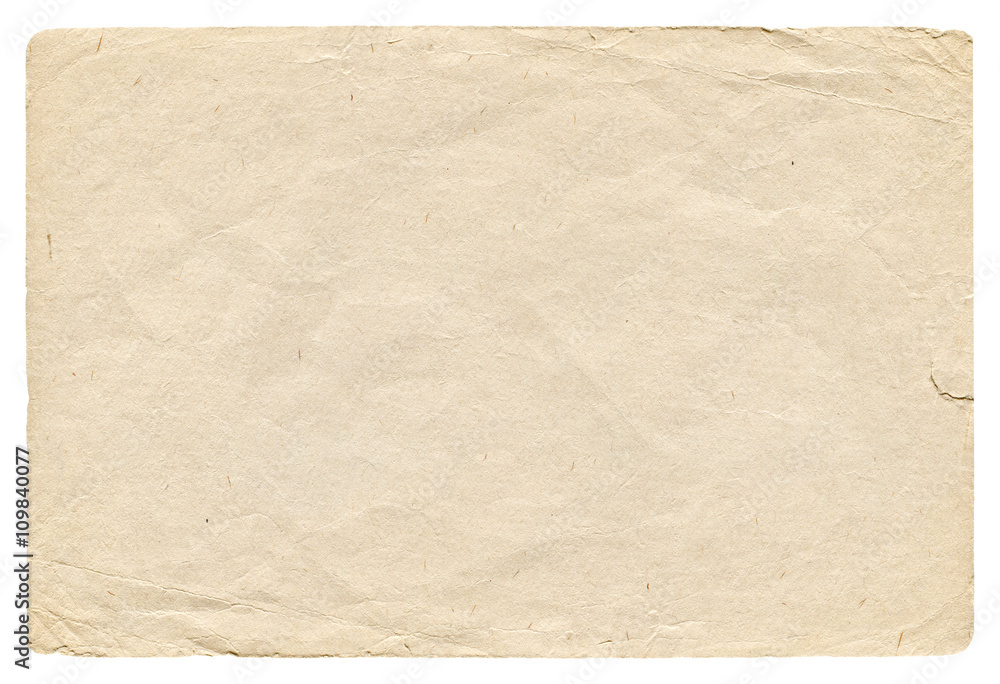 Vintage light crumpled paper blank with torn edges isolated on white background. Old texture for design. 