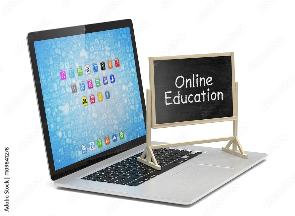 Laptop with chalkboard, online education concept. 3d rendering. Laptop with chalkboard, online education concept. 3d rendering.