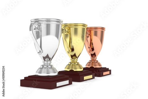 Three cups on white background. 3D rendering.