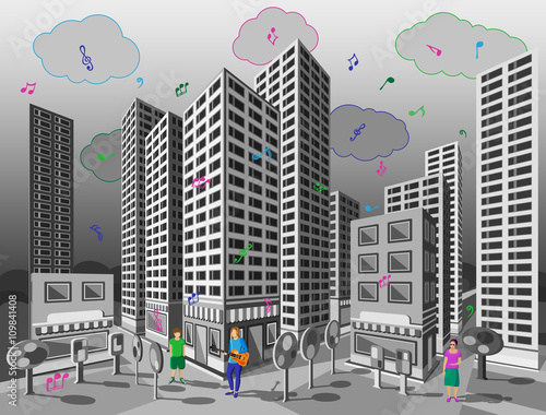 The singing city. Look at the gray city streets on which it's raining colorful musical notes. Trees,boy,girl playing guitar, women, shops, skyscrapers, road. 3D perspective view. Vector illustration.