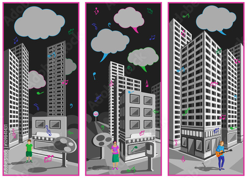 The singing city. A collection of three banners. Look at the gray city streets on which it's raining colorful musical notes. Boy and girl playing guitar, women, skyscrapers. 3D perspective view.
