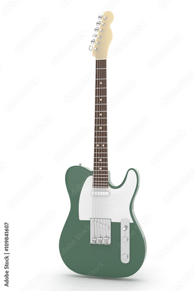 Isolated green electric guitar on white background.  Musical instrument for rock, blues, metal songs. 3D rendering.