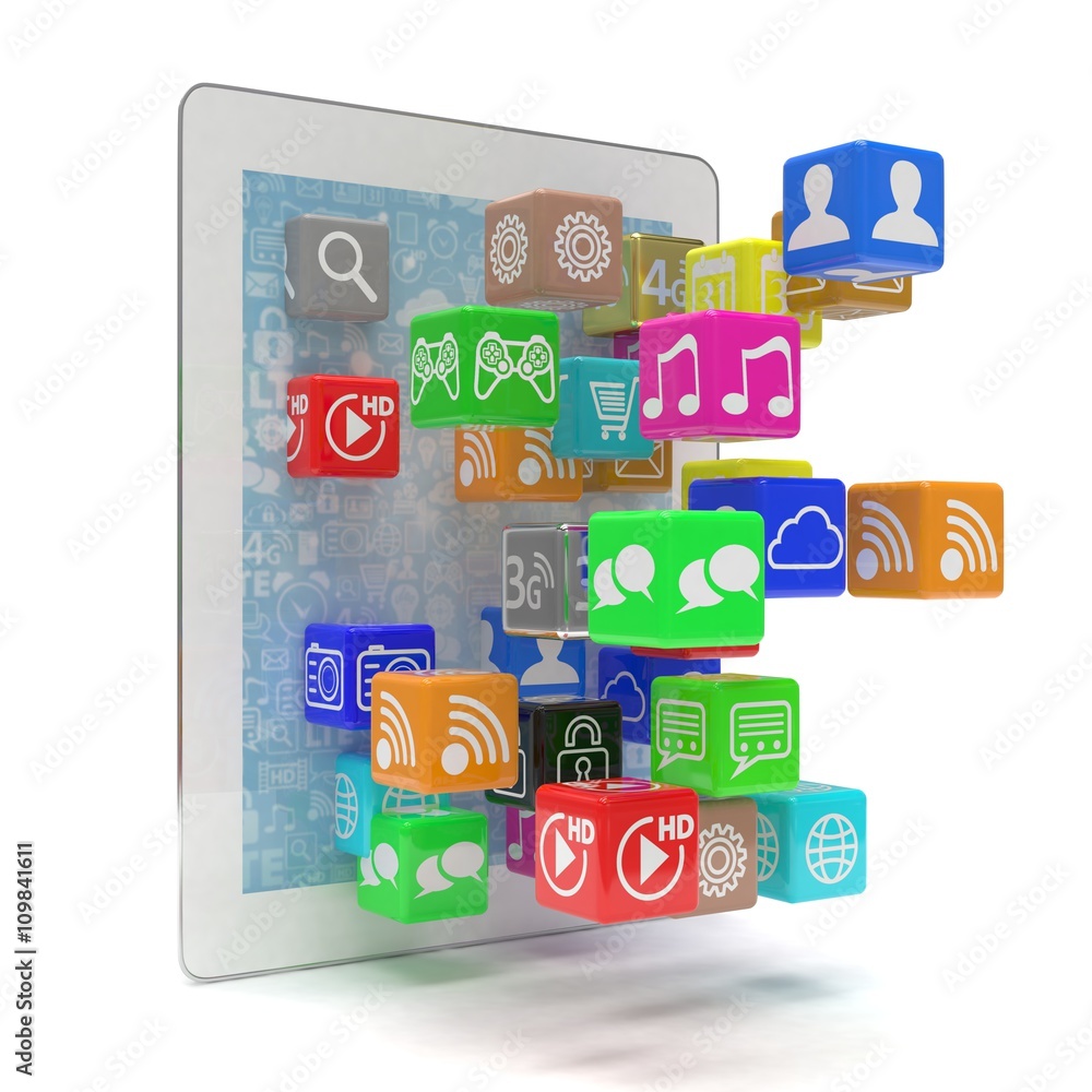 icon app fall in tablet pc. 3d rendering. icon app fall in tablet pc. 3d rendering.