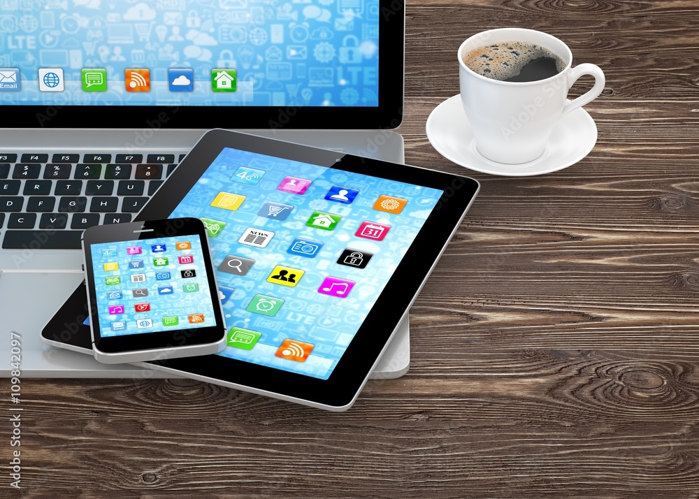 Laptop, phone, tablet pc and coffee. 3d rendering. Laptop, phone, tablet pc and coffee. 3d rendering.