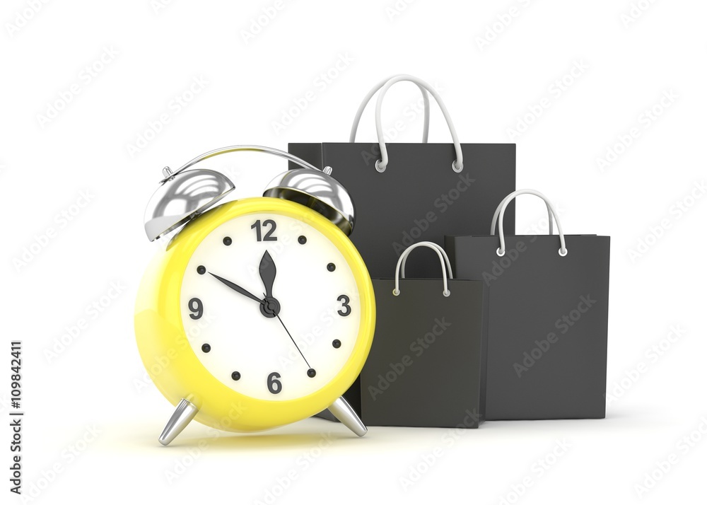 alarm clock and shopping bag (time to buy concept). 3d rendering. alarm clock and shopping bag (time to buy concept). 3d rendering.