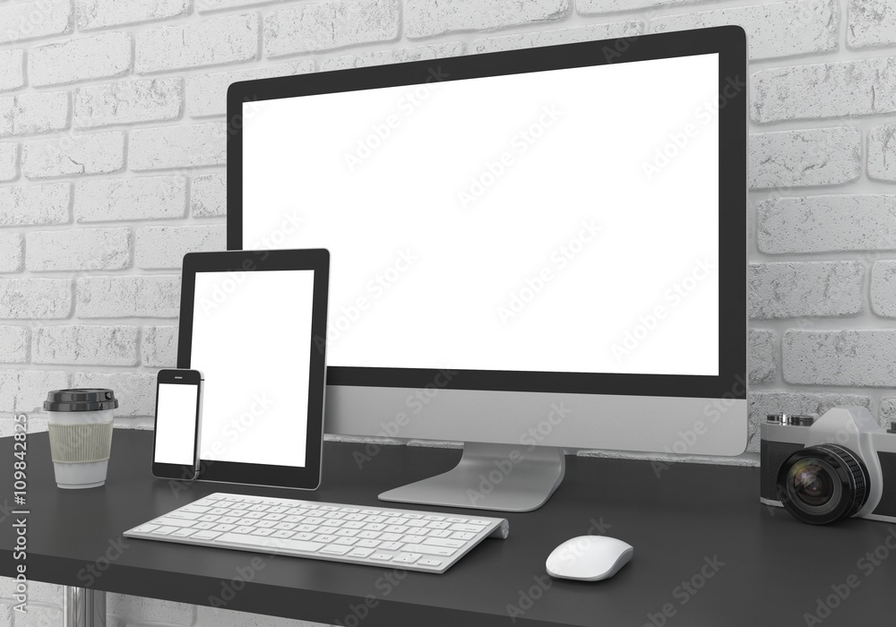Responsive mockup screen. Monitor, tablet, phone on table in office. 3d rendering.
