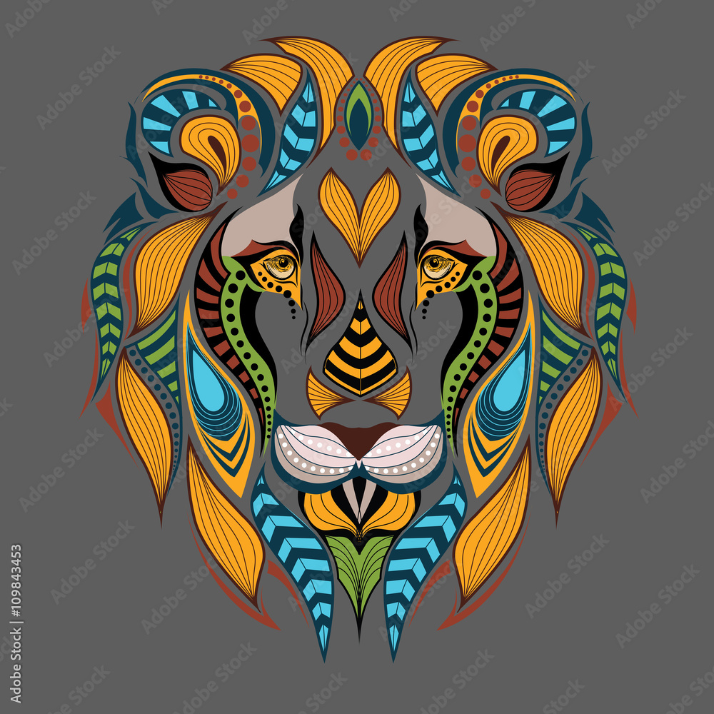 Fototapeta premium Patterned colored head of the lion. African / indian / totem / tattoo design. It may be used for design of a t-shirt, bag, postcard and poster.