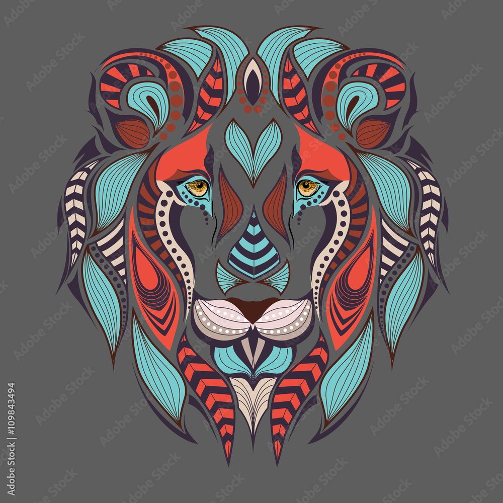 Fototapeta premium Patterned colored head of the lion. African / indian / totem / tattoo design. It may be used for design of a t-shirt, bag, postcard and poster.
