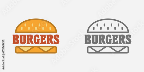 Hamburger, fast food sign, badge or logo template. Burger symbol. Monochrome and color