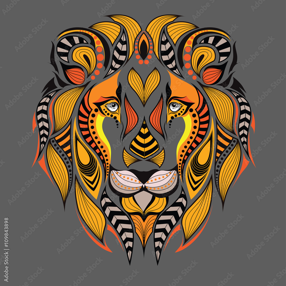 Fototapeta premium Patterned colored head of the lion. African / indian / totem / tattoo design. It may be used for design of a t-shirt, bag, postcard and poster.