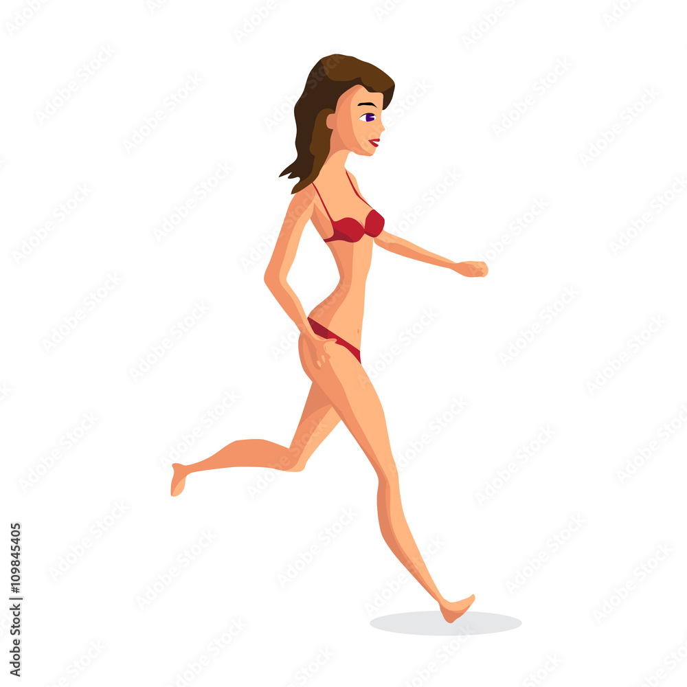 Slender woman dressed in red swimsuit is running. Isolated flat Slender woman dressed in red swimsuit is running. Isolated flat