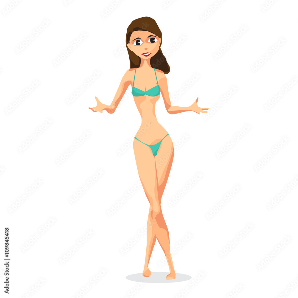 Slender woman dressed in green swimsuit is standing and spreads Slender woman dressed in green swimsuit is standing and spreads