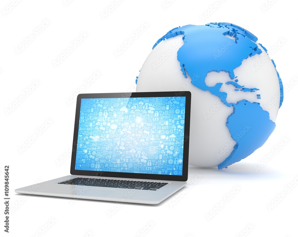 Laptop network and earth globe. 3d render Laptop network and earth globe. 3d render