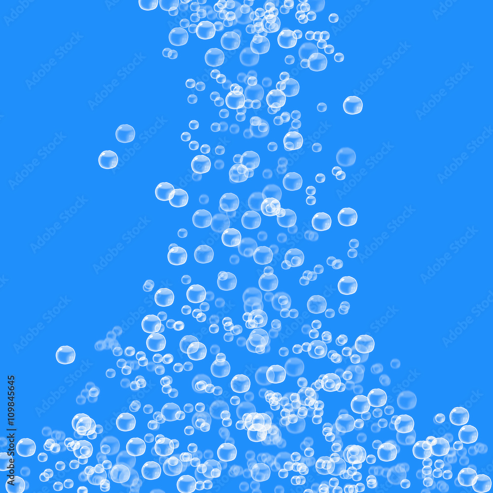 aufsteigende abstrakte weiße blubberblasen isoliert auf blau, grafisches konzept für kosmetik, hygiene, pharmazie, wasser industrie