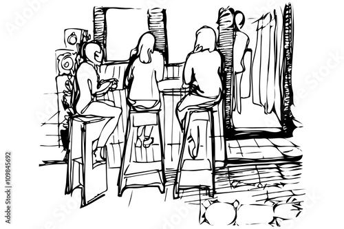 vector sketch of three women on the high stools drinking coffee