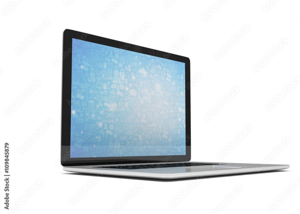 3d rendering of a laptop with blue wallpaper with app icon 3d rendering of a laptop with blue wallpaper with app icon