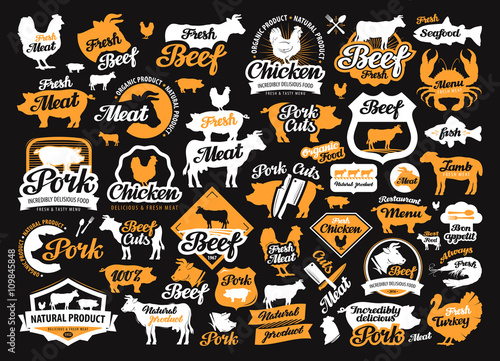 vector set of food, meat labels, logos, icons, design elements