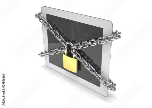 tablet PC with chains and lock isolated on white background. 3d rendering.