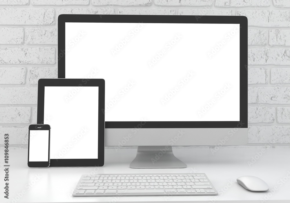 Responsive mockup screen. Monitor, tablet, phone on table in office. 3d rendering.