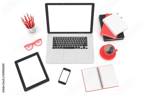Responsive mockup screens. Laptop, tablet, phone on table. 3d rendering.