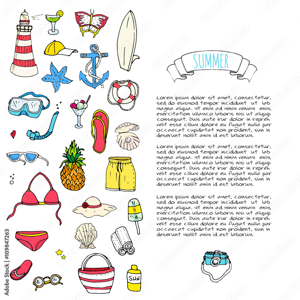 Hand drawn doodle summer set icons Vector illustration Sketchy summer holiday elements collection Isolated vacation objects Cartoon summer beach journey symbols Summertime traveling background Hand drawn doodle summer set icons Vector illustration Sketchy summer holiday elements collection Isolated vacation objects Cartoon summer beach journey symbols Summertime traveling background