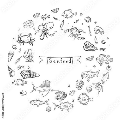 Hand drawn doodle Seafood icons set Vector illustration seafood symbols collection Cartoon fish Crab Seafood platter Lobster Oyster Shrimp Shellfish Shrimp on white background for your menu or design