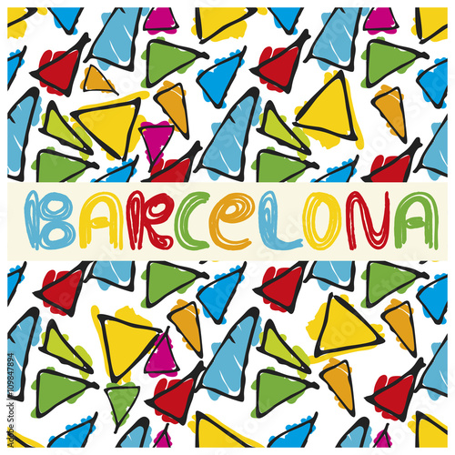 Antonio Gaudi mosaic. Triangle hand drawn vector seamless pattern with word Barcelona.