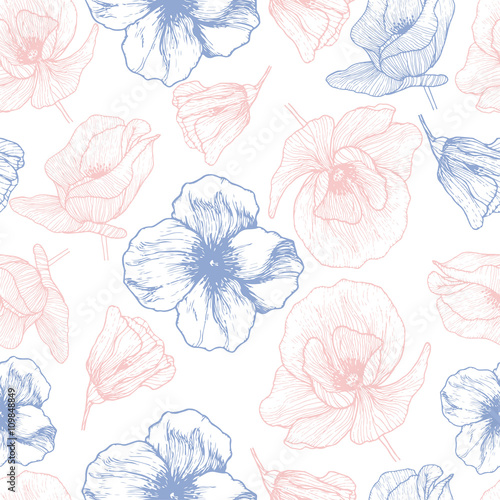 Vector seamless pattern. Hand drawn  poppy flower illustration. Rose quartz and serenity floral seamless pattern