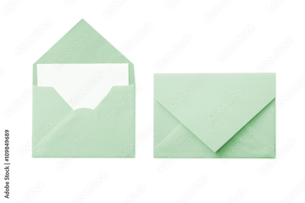 Green envelope with blank white card isolated on white background Green envelope with blank white card isolated on white background