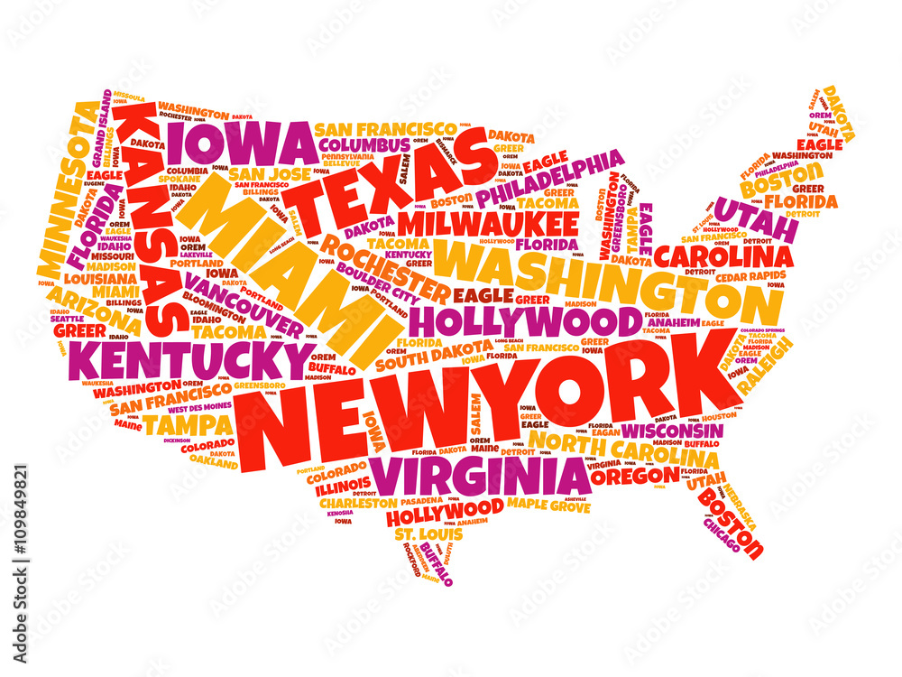 USA Map word cloud collage with most important cities USA Map word cloud collage with most important cities