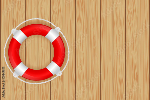 Life buoy on wooden wall. Illustration on brown wooden texture