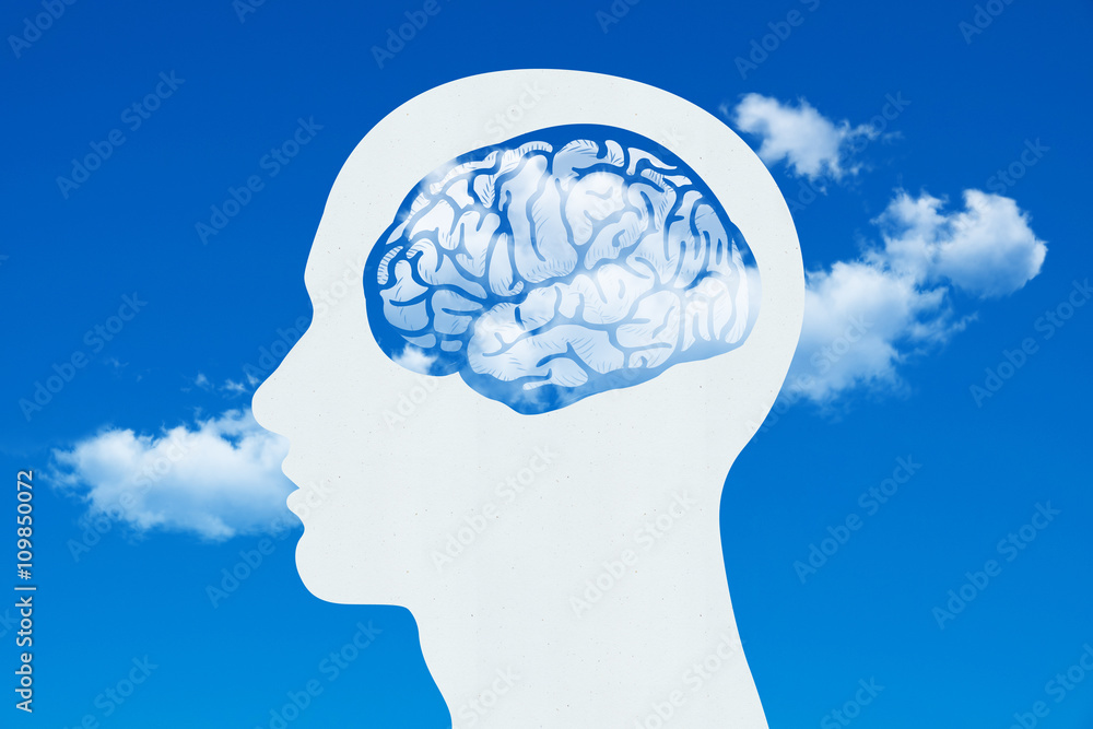 Obraz premium Brain in Human Head / Brain in the Human Head on the Blue Sky with Cloud