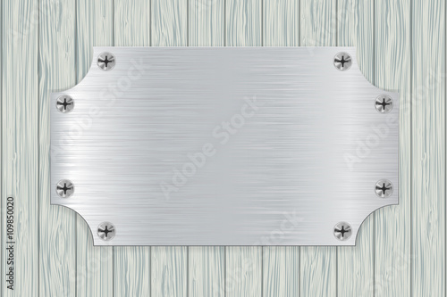 Metal plate on light wooden background.   illustration