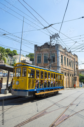 Old-fashioned bonde tram travels the streets of Santa Teresa in Rio de Janeiro, Brazil 