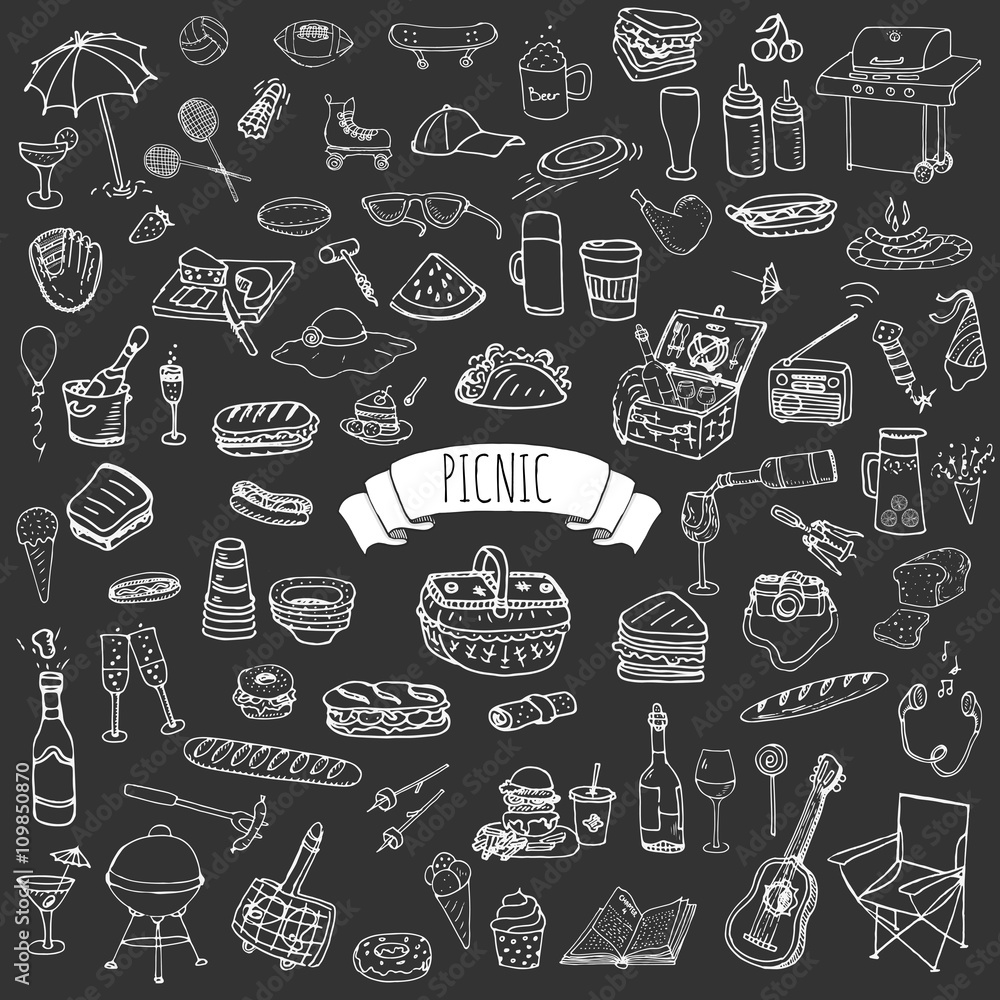 Hand drawn doodle Picnic icons set Vector illustration barbecue sketchy symbols collection Cartoon bbq concept elements Summer picnic Umbrella Guitar Food basket Drinks Wine Sandwich Sport activities