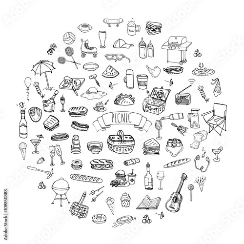 Hand drawn doodle Picnic icons set Vector illustration barbecue sketchy symbols collection Cartoon bbq concept elements Summer picnic Umbrella Guitar Food basket Drinks Wine Sandwich Sport activities