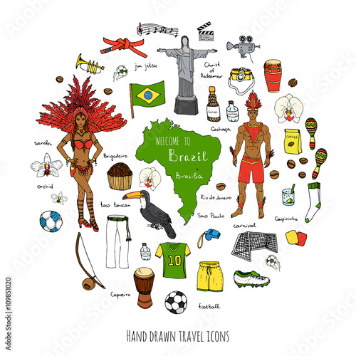 Hand drawn doodle Welcome to Brazil set Vector illustration Sketchy Brazilian traditional icons Cartoon Brazil typical elements collection Landmark Football ball cleats goal Capoeira Samba Orchid