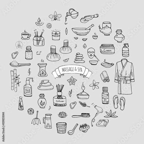 Hand drawn doodle Massage and Spa icons set Vector illustration relaxing symbols collection Cartoon beauty care concept elements health care Wellness treatment Body massage Lifestyle Skin care Spa