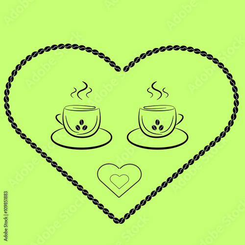 two cups of coffee in the heart of the coffee beans in vintage style