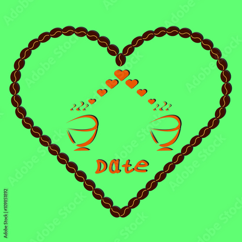 two cups of coffee on a background coffee heart in vintage style, date