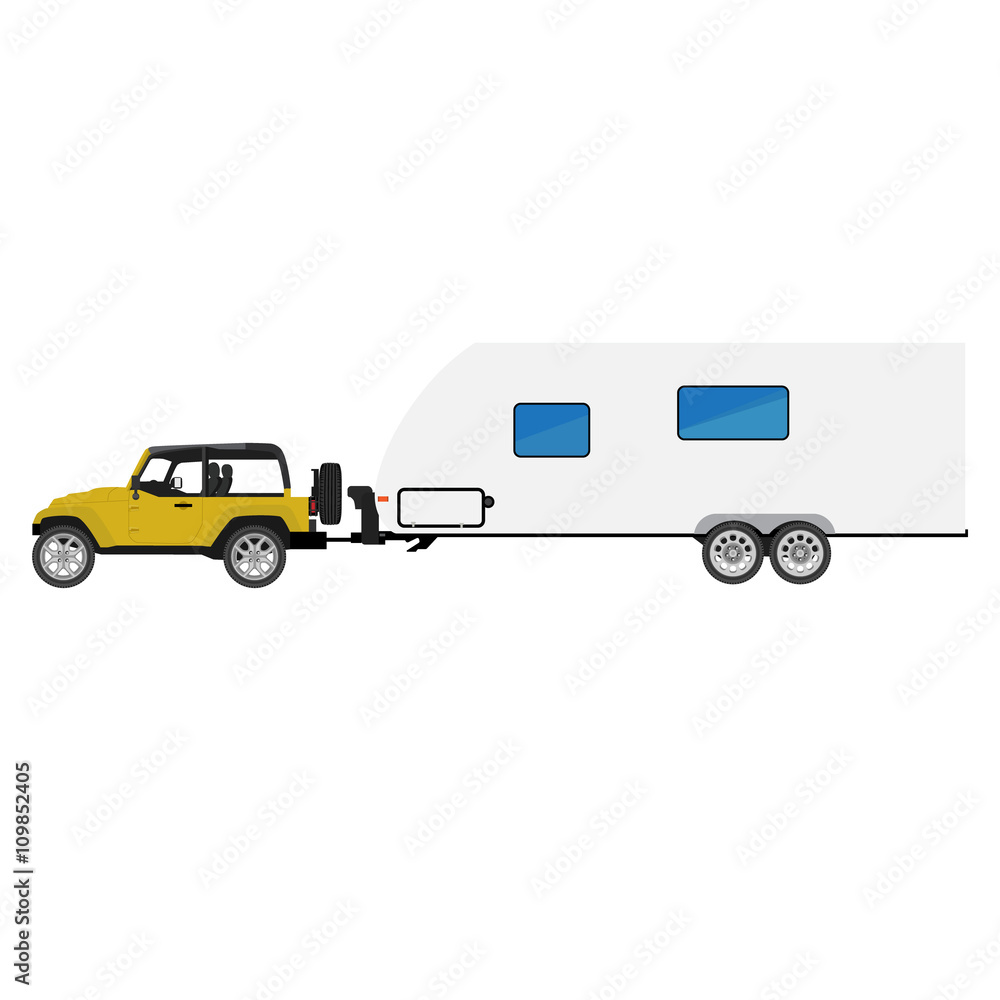 Vector illustration yellow car with camper trailer driving
