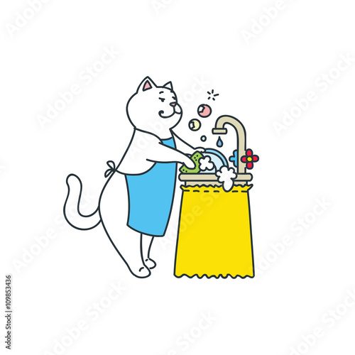 Funny white cat doing the washing up. Doodle vector illustration isolated on white background.