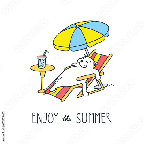 Enjoy the summer! Doodle vector illustration of funny white cat sunbathing on a sun lounger